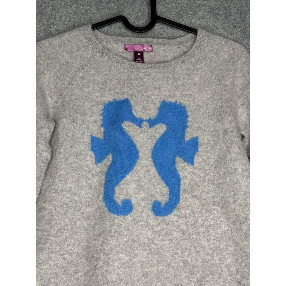 Aqua 100% Cashmere Blue Nautical Seahorses Crew neck Sweater Youth XL Winter